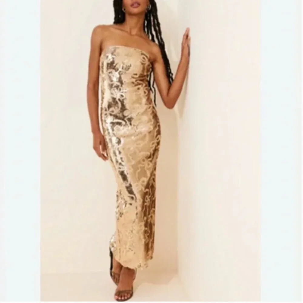 Anthropologie If by Sea Maxi Strapless Gold Sequence Dress size S - Picture 1 of 11